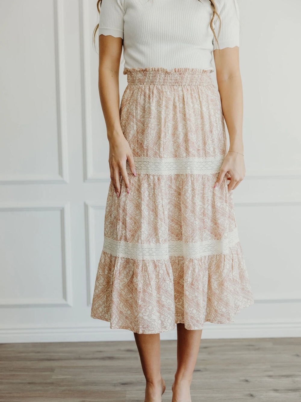 Mikarose Blush-Pink Tiered Midi Skirt with Lace Trim